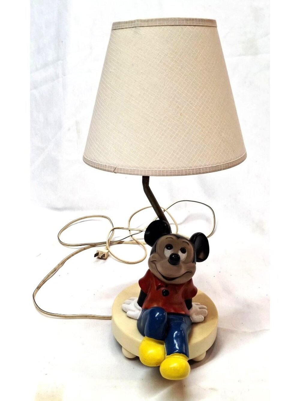 Vintage Mickey Mouse Table Lamp With Cream Shade & Hand-Painted Ceramic Base